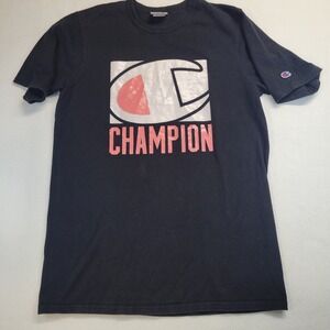 Champion Mens Big Logo Graphic T-Shirt Black Cotton Crew Neck Size Large VTG